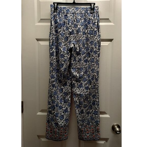 Talbots Size 4 Blue White Paisley Floral Straight Leg Pull-On Elastic Waist Pant - Picture 2 of 5